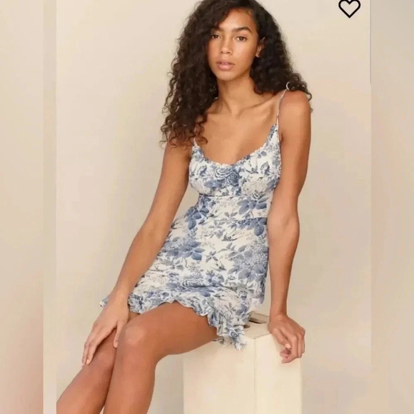 Reformation Esther Mini Dress Pompadour Blue Floral Print 12 B1565 - Picture 3 of 8